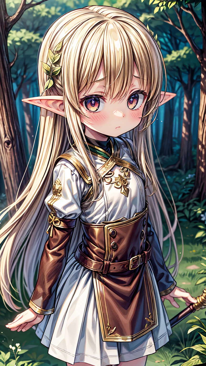 Masterpiece, Best Quality, high resolution, (li), girl, elf, small busts, worn brown tunic, has a spear, shy face, he is afraid, is in the forest, she has golden eyes, blond hair