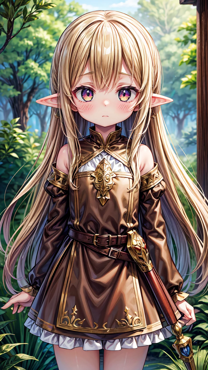 Masterpiece, Best Quality, high resolution, (****), girl, elf, small busts, worn brown tunic, has a spear, shy face, he is afraid, is in the forest, she has golden eyes, blond hair