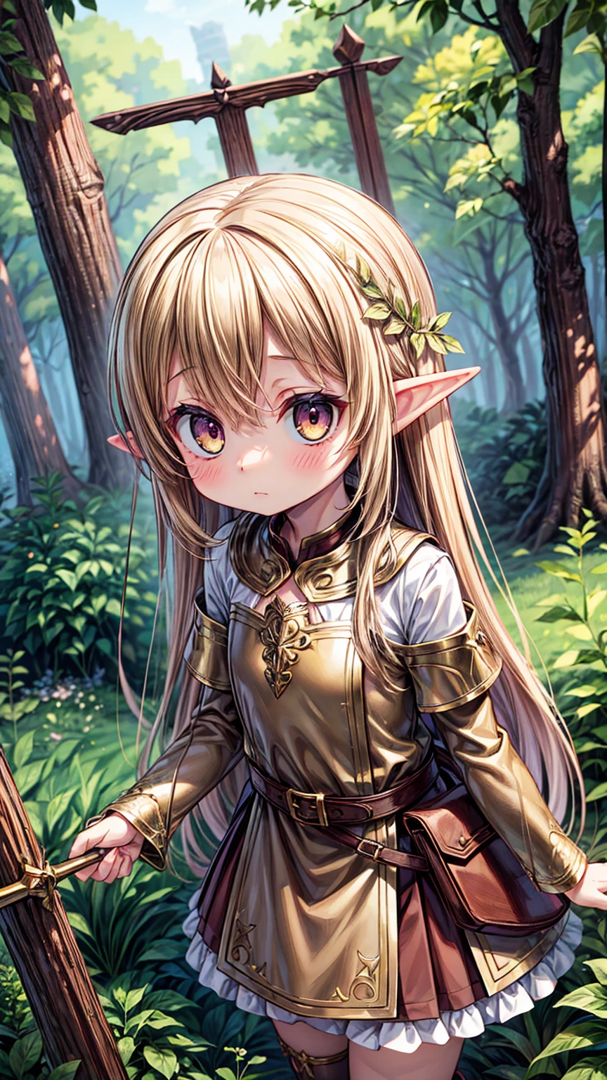 Masterpiece, Best Quality, high resolution, (li), girl, elf, small busts, worn brown tunic, has a spear, shy face, he is afraid, is in the forest, she has golden eyes, blond hair