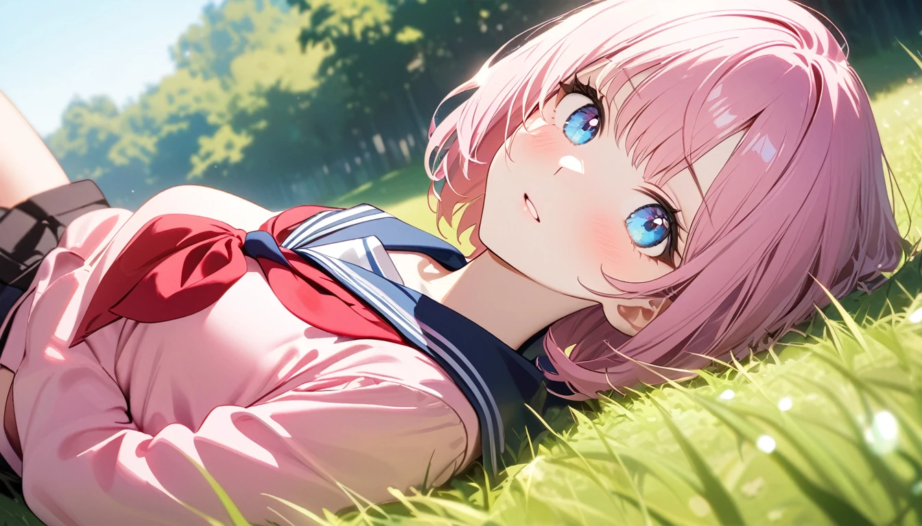 (Fit Body:1.1),(glistening skin:1.1),(pale skin:1.1),(Best Picture Quality, 8K, Masterpiece:1.3),(high school student:1.5), (pink medium hair), (bob cut), (slant skyblue eyes), (bright park Setting), Professional Lighting, Very Detailed Skin And Hair, (Lying In grass), (serafuku:1.3), beguiling expression, (super clear:1.5),light pigmented