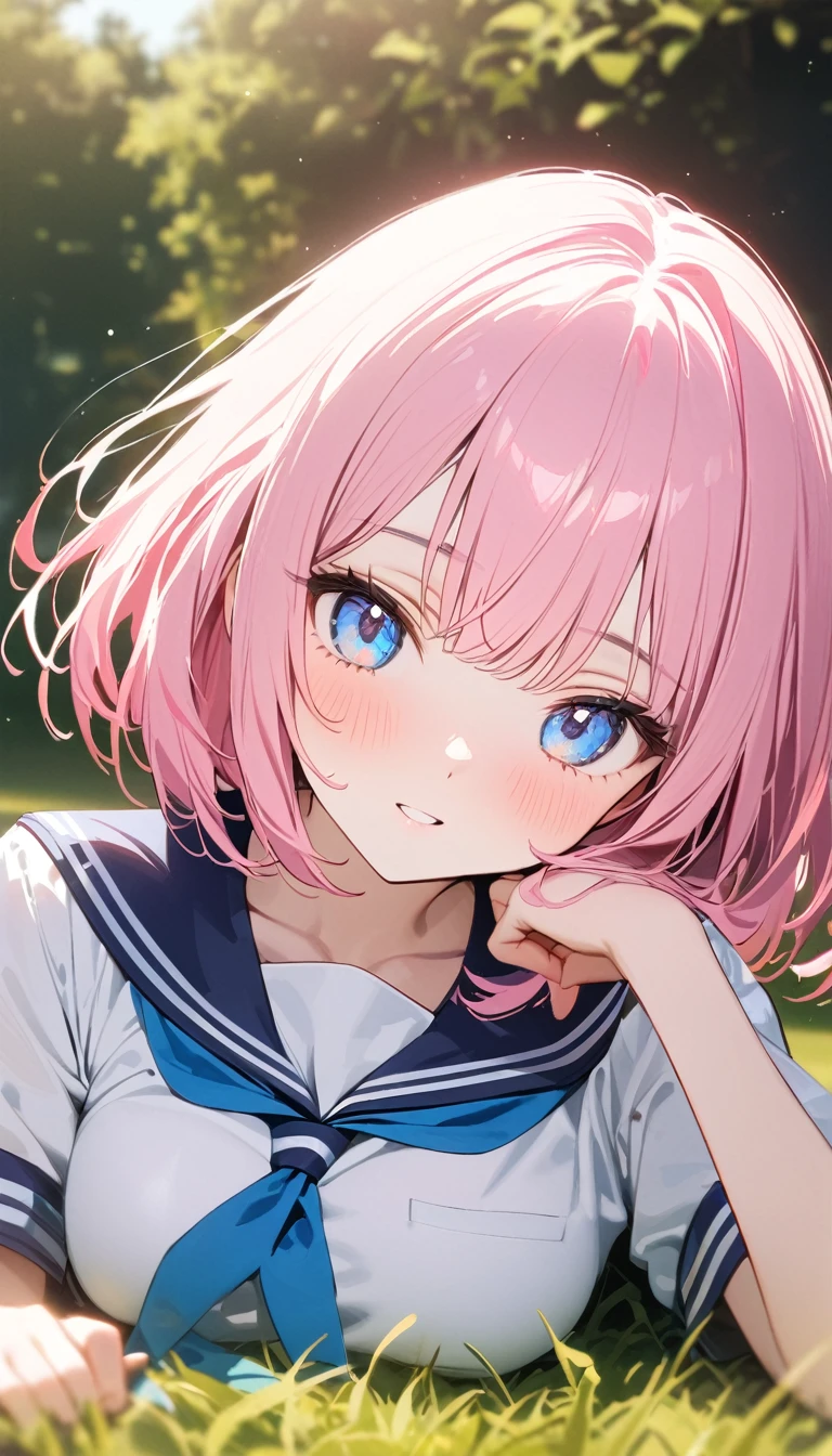 (Fit Body:1.1),(glistening skin:1.1),(pale skin:1.1),(Best Picture Quality, 8K, Masterpiece:1.3),(high school student:1.5), (pink medium hair), (bob cut), (slant skyblue eyes), (bright park Setting), Professional Lighting, Very Detailed Skin And Hair, (Lying In grass), (serafuku:1.3), beguiling expression, (super clear:1.5),light pigmented