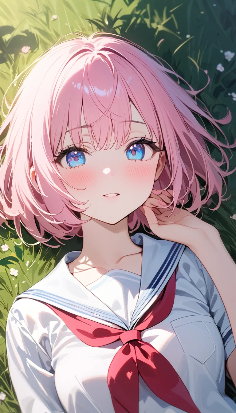 (Fit Body:1.1),(glistening skin:1.1),(pale skin:1.1),(Best Picture Quality, 8K, Masterpiece:1.3),(high school student:1.5), (pink medium hair), (bob cut), (slant skyblue eyes), (bright park Setting), Professional Lighting, Very Detailed Skin And Hair, (Lying In grass), (serafuku:1.3), beguiling expression, (super clear:1.5),light pigmented