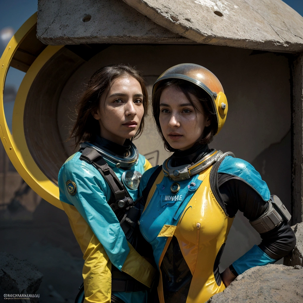 A captivating post-apocalyptic artwork by André Uhlisch featuring man and woman in otherworldly cosmonaut helmets and bright yellow rubber suits. They gracefully float, surrounded by an array of vibrant planets and celestial bodies, each with unique colors and textures. The scene is imbued with a sense of hope, as the women embody the delicate balance between life's fragility and the unwavering spirit of hope. A striking light source illuminates the artwork, casting dramatic shadows and highlighting the vivid colors. The background showcases the destruction, while the women's presence symbolizes the resilience of life in the face of adversity.