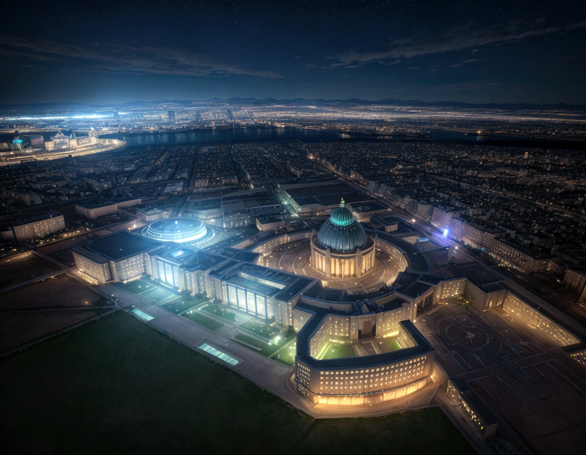 Create an impression with a university at night, showing a mysterious landscape illuminated with holograms and advanced technologies