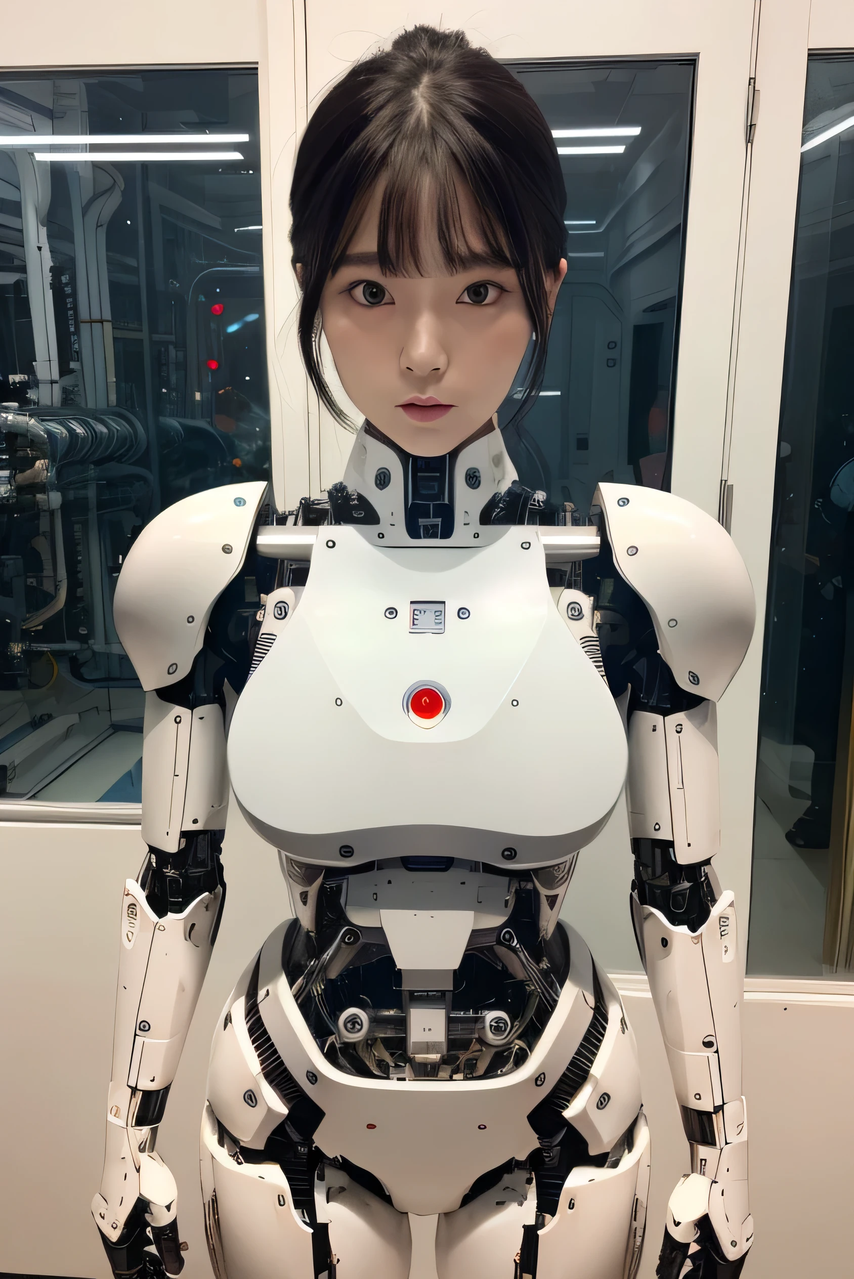 masterpiece, best quality, extremely detailed, Japaese android girl,Plump , hug,control panels,android,Droid,Mechanical Hand, Robot arms and legs, Black hair,Blunt bangs,perfect robot girl,long tube,thick cable connected her neck,android,robot,humanoid,cyborg,japanese cyborg girl ,robot-assembly plant,She is assembled now,assembly scene,chest monitor,blue eyes