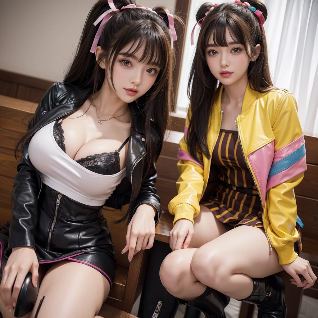 bangs down,beautiful girl,Maid clotheasterpiece,perfect face,perfect breasts,long hair,Outstanding style,stimulating,Cute outfits,Horny girl,double eyelid,Naughty Girls,Erotic and cute,mini skirt,ribbon on uniform,colorful hair color,yellow eyes,leather jacket,horny girl,Knee-high boots, Colorful,multicoloured,future fashion,smile,,zipper bra,Multicolored clothing