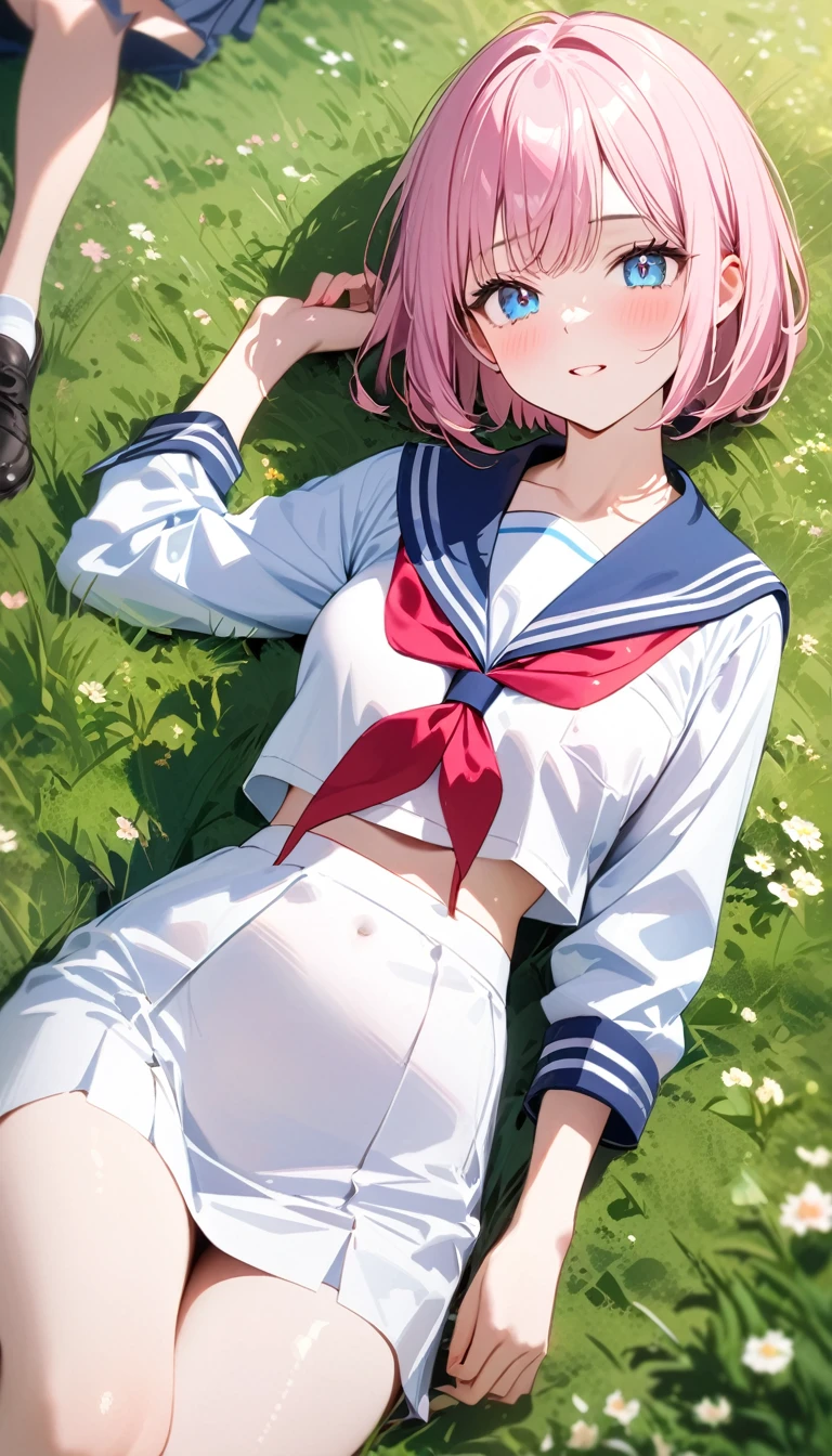 (Fit Body:1.1),(glistening skin:1.1),(pale skin:1.1),(Best Picture Quality, 8K, Masterpiece:1.3),(high school student:1.5), (pink medium hair), (bob cut), (slant skyblue eyes), (bright park Setting), Professional Lighting, Very Detailed Skin And Hair, (Lying In grass), (serafuku:1.3), beguiling expression, (super clear:1.5),light pigmented