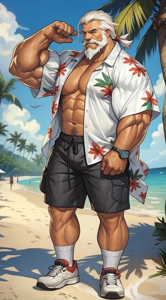 huge muscular old man in street city, old man, thick arm, huge arm, bearded. white hair and beard, bearded, muscular, pectoral, wide pectoral, beach, palm, realistic, 8k, masterpiece, (wearing shorts and white Hawaiian shirt, shoes)
