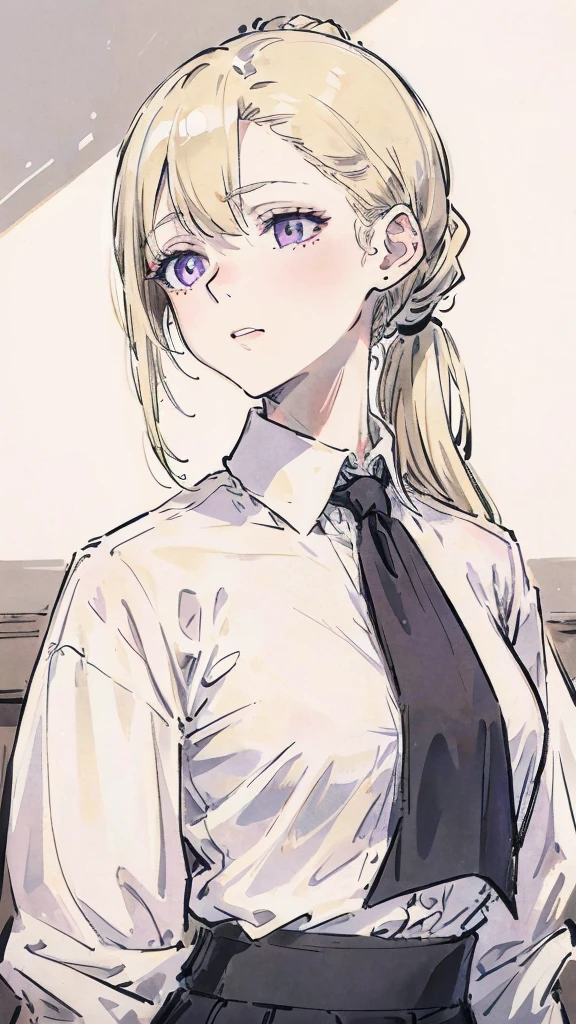 Create a beautiful light blonde woman, with her hair tied in a ponytail down her neck, with a few loose strands framing her face, pale skin, violet eyes, with a white long sleeve button down shirt, black tie and black pants, with a soft smile