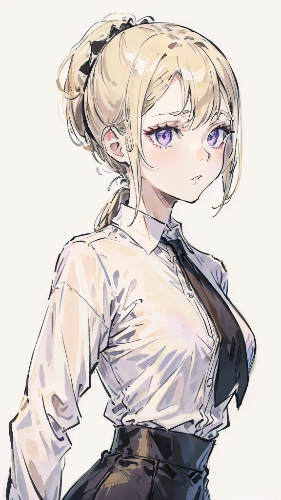 Create a beautiful light blonde woman, with her hair tied in a ponytail down her neck, with a few loose strands framing her face, pale skin, violet eyes, with a white long sleeve button down shirt, black tie and black pants, with a soft smile
