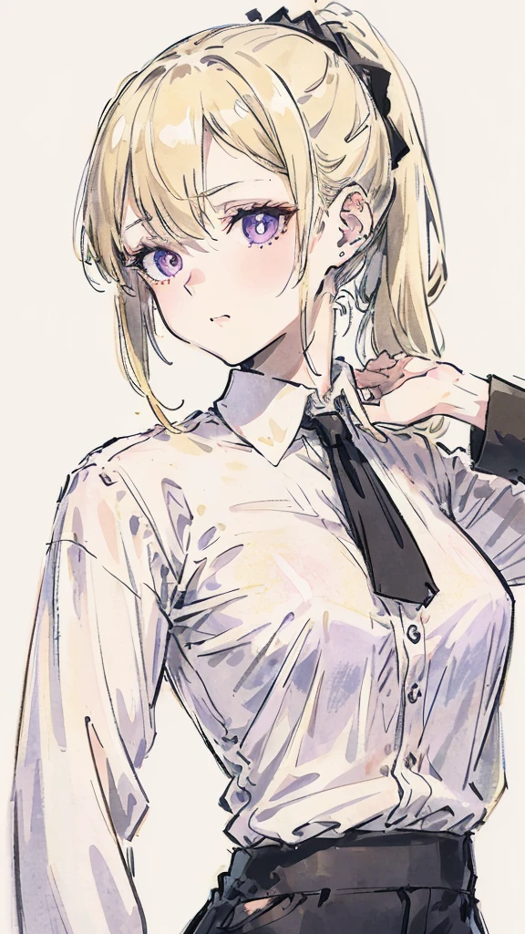 Create a beautiful light blonde woman, with her hair tied in a ponytail down her neck, with a few loose strands framing her face, pale skin, violet eyes, with a white long sleeve button down shirt, black tie and black pants, with a soft smile