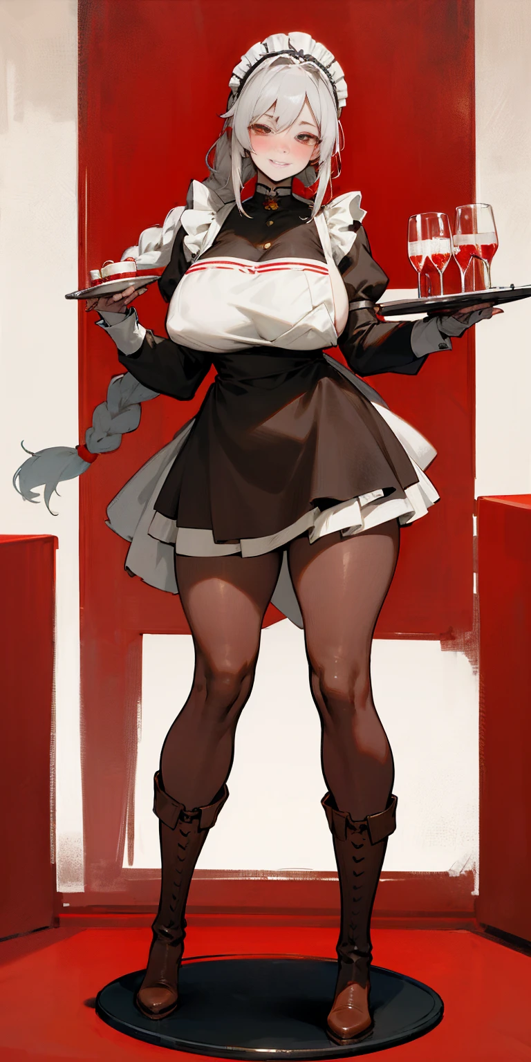 full body standing straight symmetrical, lustful smirking smile face red blush red cheeks, looking at viewer, holding tray, braid, maid headdress, maid, dress, apron, long sleeves, brown pantyhose, long leather militar boots, thighs, long white hair, masterpiece