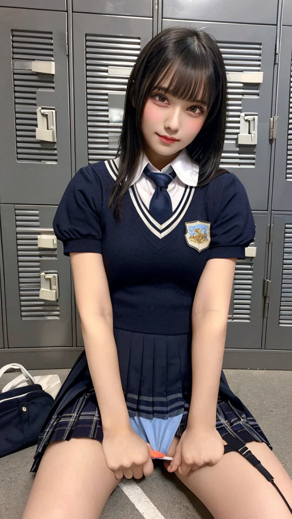 black shiny hair,bangs,pixie hair, opal eyes, big chest, cleavage,slender waist,(school uniform with panty,sitting with spreading legs with panty in the lockerroom:1.3), solo, 1girl,
(masterpiece, best quality,ultra-detailed)