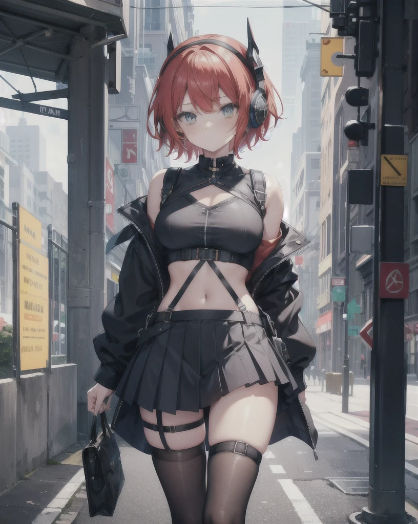 masterpiece, best quality, tall, clearire2, 1girl, Sister Cleaire, Only, short hair, tan skin, freckles, open sexy clothes, black skirt, Black stockings, long sleeves, chest harness, black shirt, two sides up, bangs, crop top, miniskirt, Shoes, futuristic headphone, O-Ring, midriff, red hair, blue and yellow eyes, off shoulder, big breasts, thigh strap, pleated skirt, eye braces, perfect eyes, cropped shirt, street, mask, standing