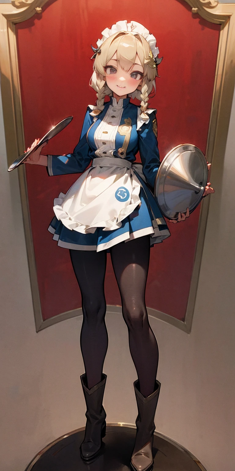 full body standing straight symmetrical, lustful smirking smile face red blush red cheeks, looking at viewer, holding tray, braid, maid headdress, maid, dress, apron, long sleeves, brown pantyhose, long leather militar boots, thighs, long white hair, masterpiece