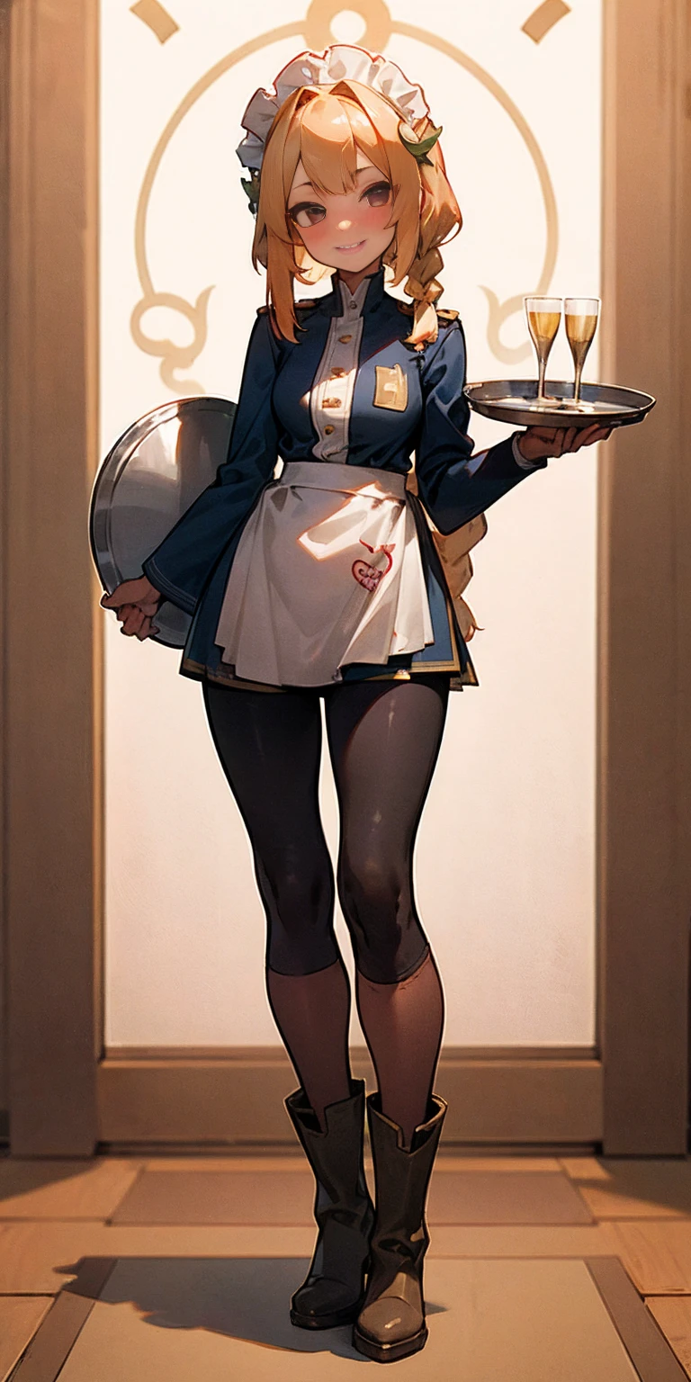 full body standing straight symmetrical, lustful smirking smile face red blush red cheeks, looking at viewer, holding tray, braid, maid headdress, maid, dress, apron, long sleeves, brown pantyhose, long leather militar boots, thighs, long white hair, masterpiece