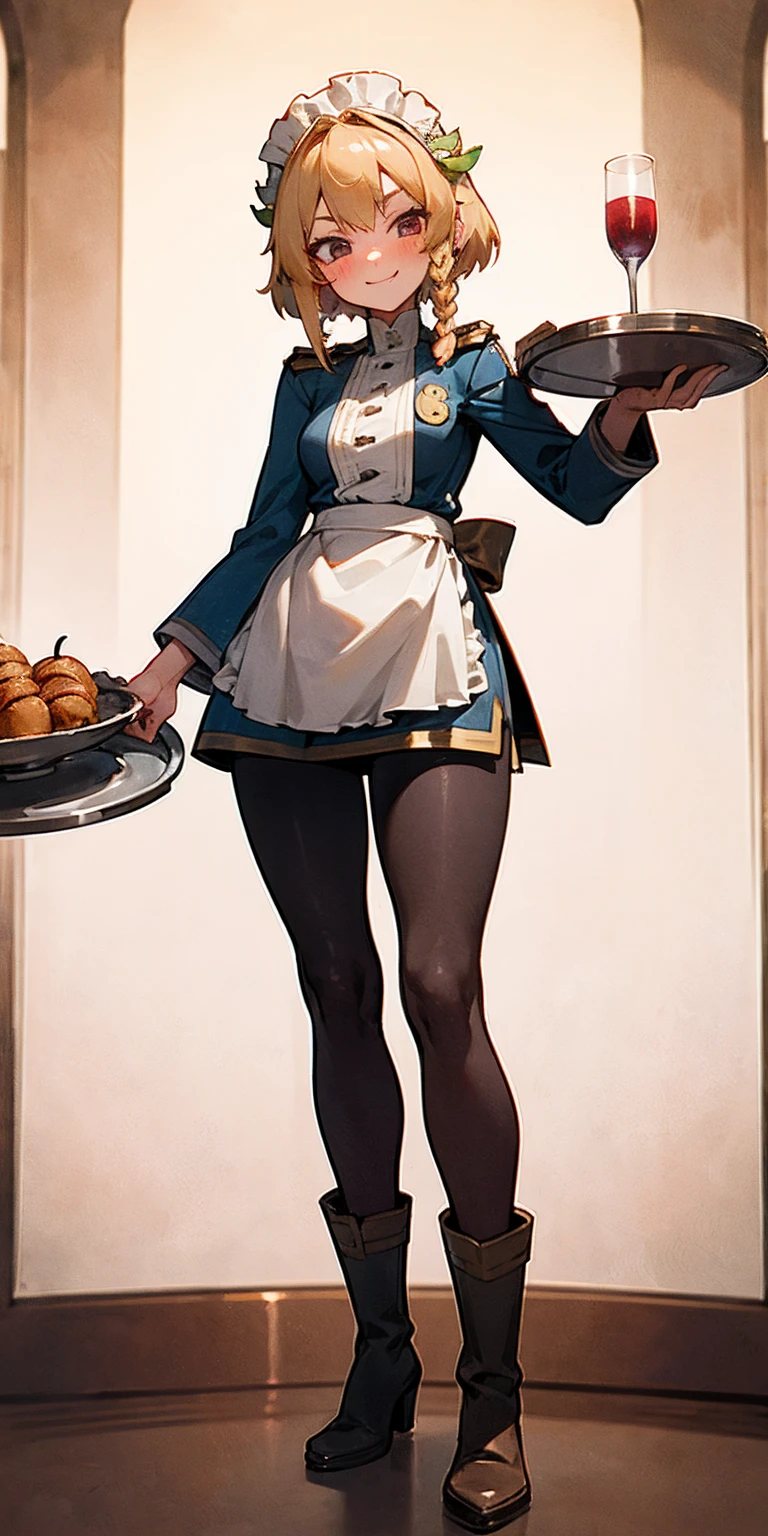 full body standing straight symmetrical, lustful smirking smile face red blush red cheeks, looking at viewer, holding tray, braid, maid headdress, maid, dress, apron, long sleeves, brown pantyhose, long leather militar boots, thighs, long white hair, masterpiece