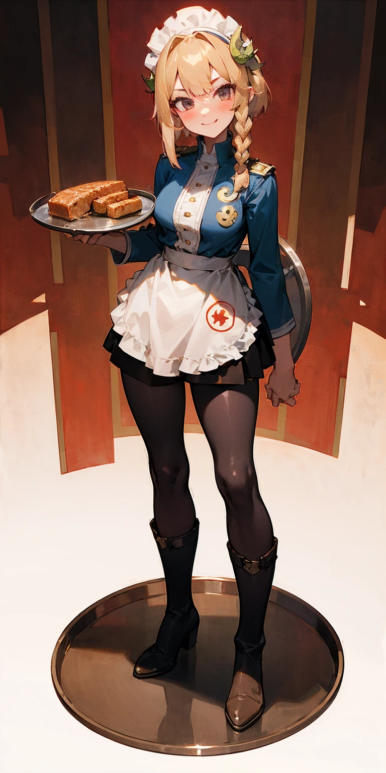 full body standing straight symmetrical, lustful smirking smile face red blush red cheeks, looking at viewer, holding tray, braid, maid headdress, maid, dress, apron, long sleeves, brown pantyhose, long leather militar boots, thighs, long white hair, masterpiece