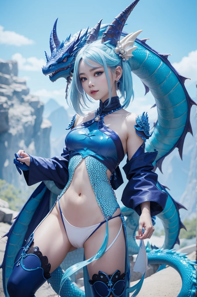 Create a pearl-colored dragon with blue scales and tail