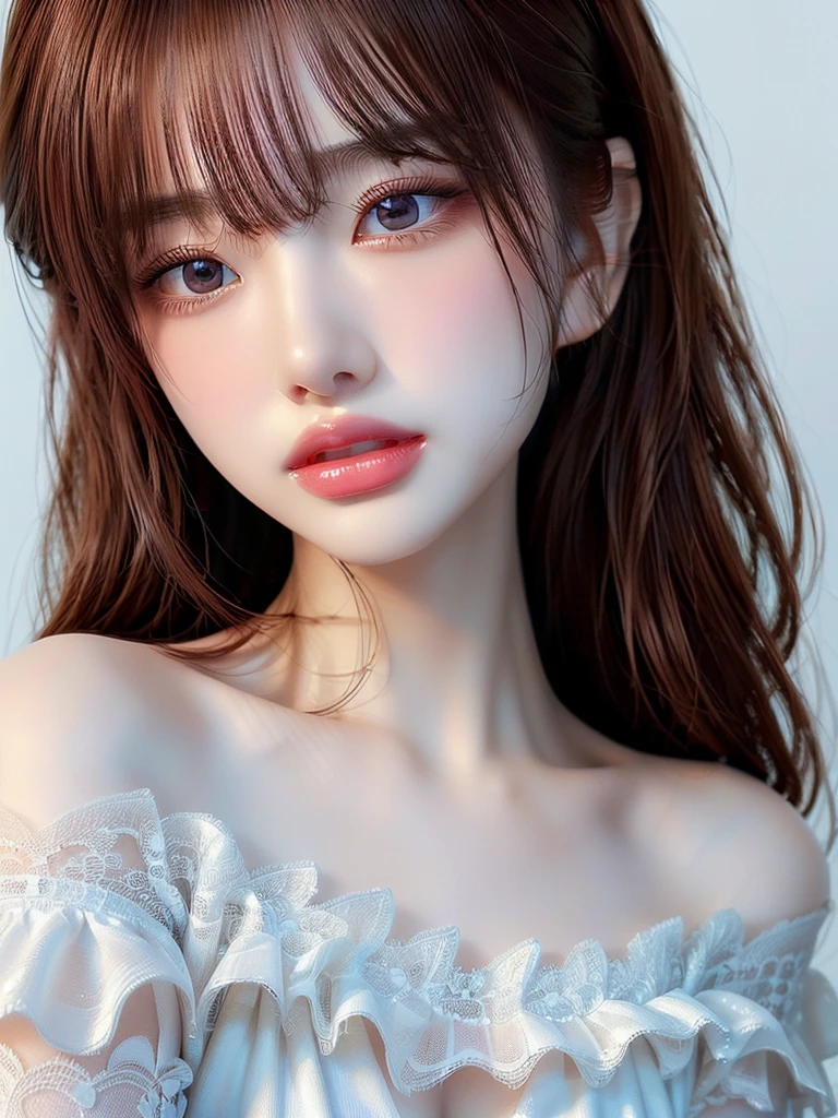 ((Highest quality)),(超A high resolution),(Very detailed),(Detailed Description),((The best CG)),(masterpiece),Very detailedなアート、Very beautiful and beautiful woman、Small breasts、(((Whitening 1.5)))、Clear skin quality、(((Whitening 1.5)))White lace dress、Off the shoulder、White background、Professional Lighting、Cinema lighting、