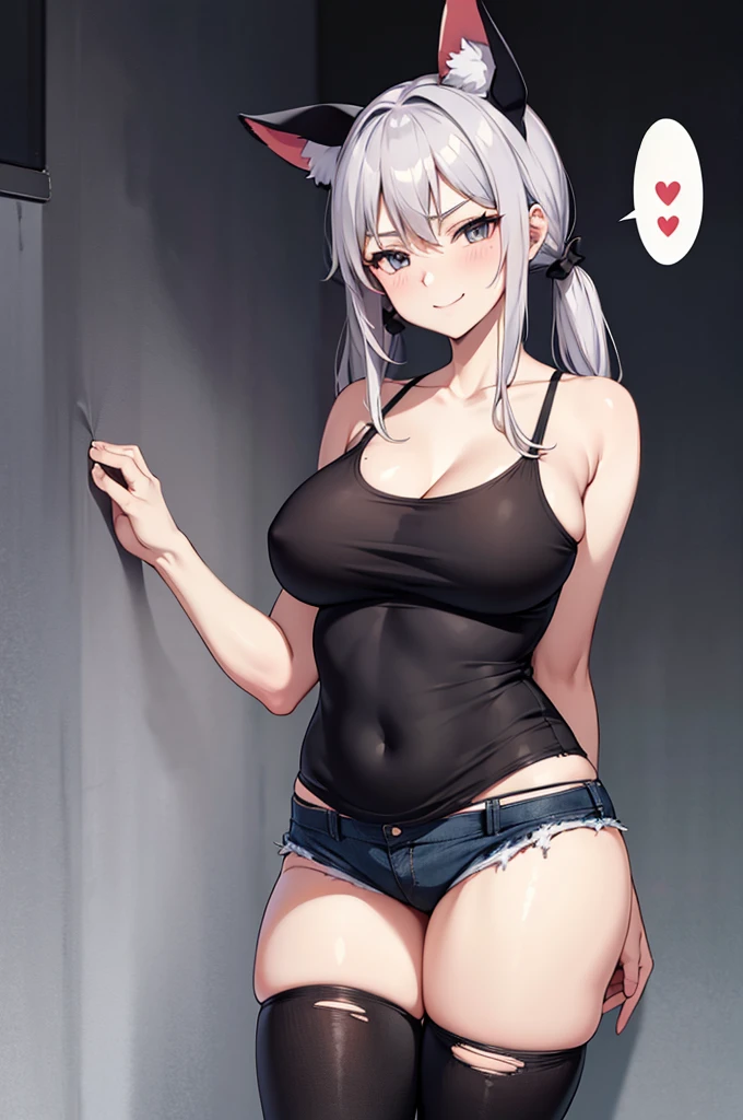 1 45 year old woman , standing alone, breasts big, mature woman,
John , fake animal ears, pretty long hair, twintails , hair elastic,
, evil smile, cowboy shot,
black camisole, miniskirt , black thighighs, room, spoken heart, torn pants, lying, in back, dakimakura \(average\), bared shoulders,