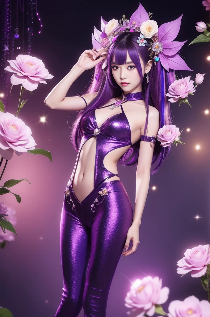 sexy Thai model who controls poison、lipgloss、intense makeup、look at the camera、full body Esbian、、sparkling poisoned flower costume (purple)、、、、shiny sparkling multicolor hair、secrete poison、skull hair accessories schnet tights (purple)、shiny sparkling flowers background