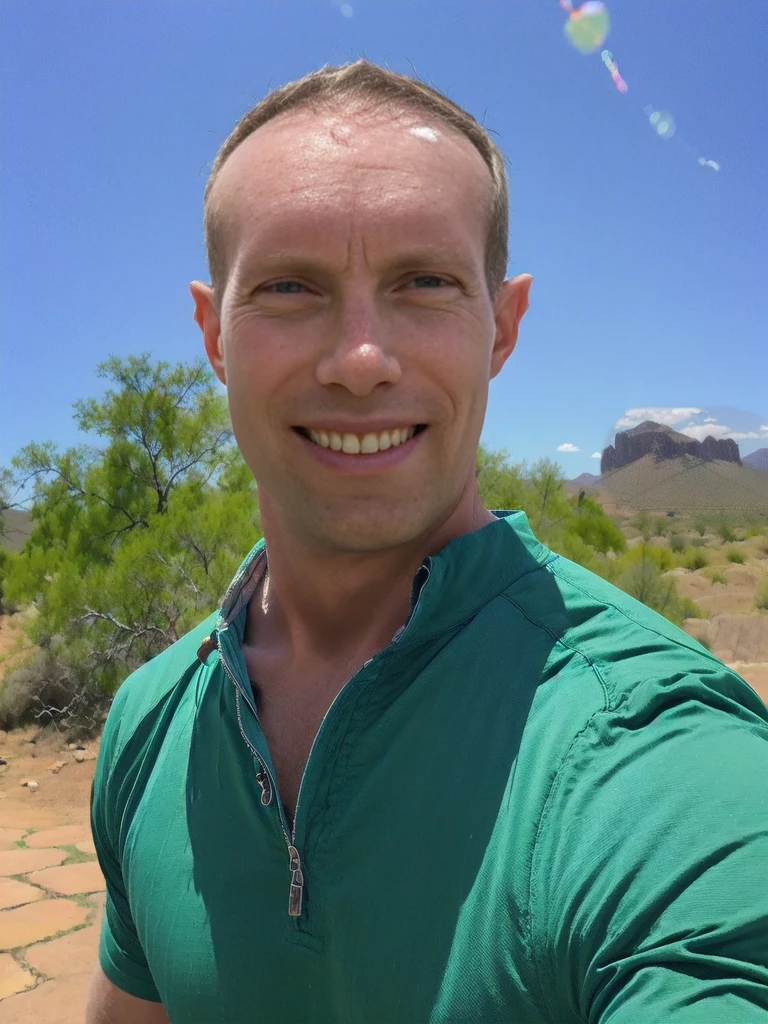 a man looking to side smiling Todder8, todder1, cowboy shirt horseback riding in desert blue sky bright sun desert mountains