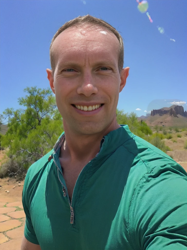 a man looking to side smiling Todder8, todder1, cowboy shirt horseback riding in desert blue sky bright sun desert mountains