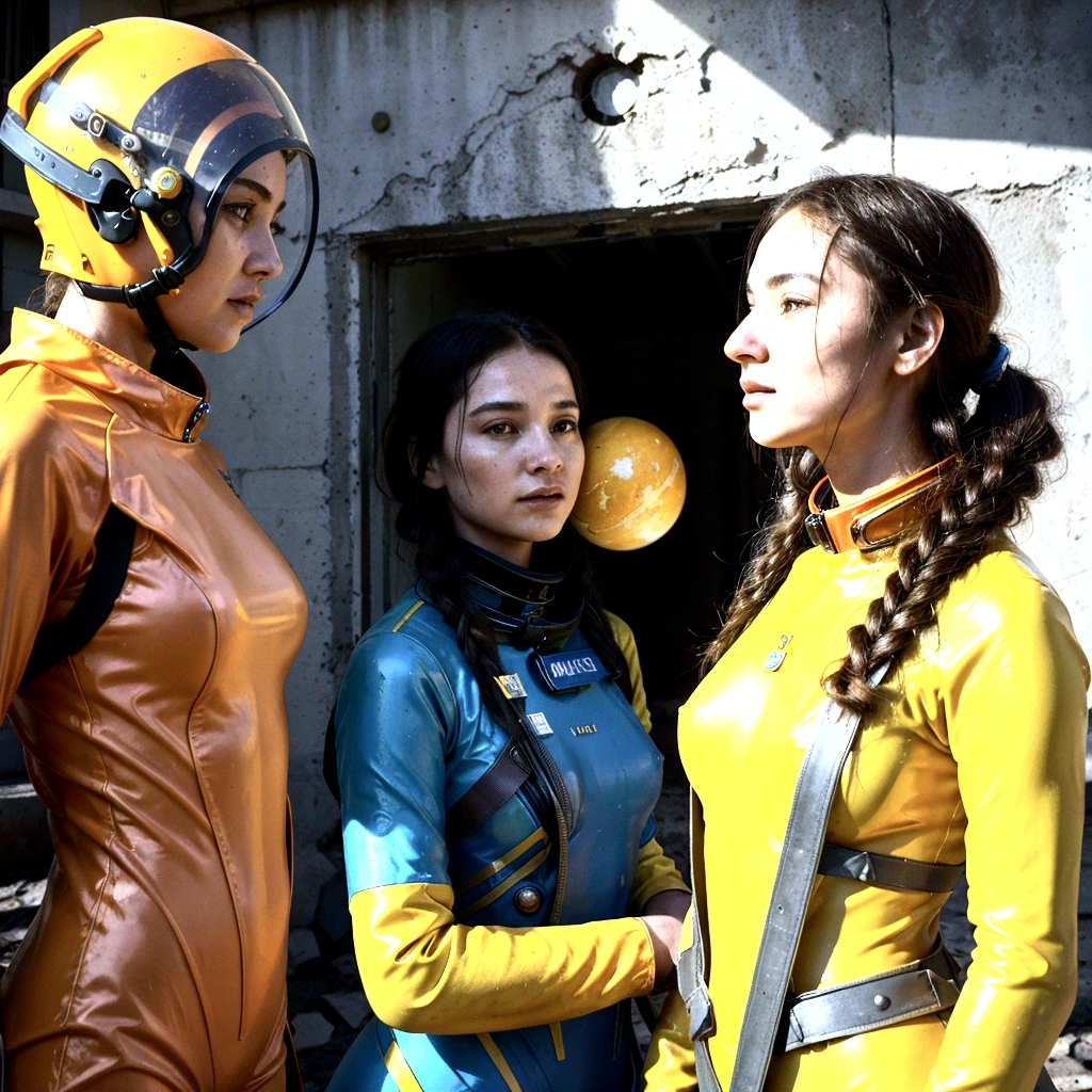 A captivating post-apocalyptic artwork by André Uhlisch featuring two women in otherworldly cosmonaut helmets and bright yellow rubber suits. They gracefully float, surrounded by an array of vibrant planets and celestial bodies, each with unique colors and textures. The scene is imbued with a sense of hope, as the women embody the delicate balance between life's fragility and the unwavering spirit of hope. A striking light source illuminates the artwork, casting dramatic shadows and highlighting the vivid colors. The background showcases the destruction, while the women's presence symbolizes the resilience of life in the face of adversity.