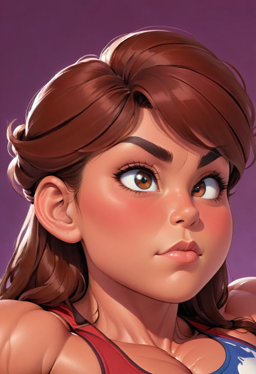 (masterpiece:1.2), (best quality), (ultra detailed), (8k, 4k, intricate),(full-body-shot:1), (highly detailed:1.2),(detailed face:1.2), (detailed background), muscle girlflexing muscles wearing red top, her hair a rich chestnut brown, giving her a dynamic and youthful appearance, muscle woman, big muscles, huge muscles, massive muscles, muscle girl, Her facial features are a mix of determination and kindness, with expressive eyes that radiate a sense of adventure