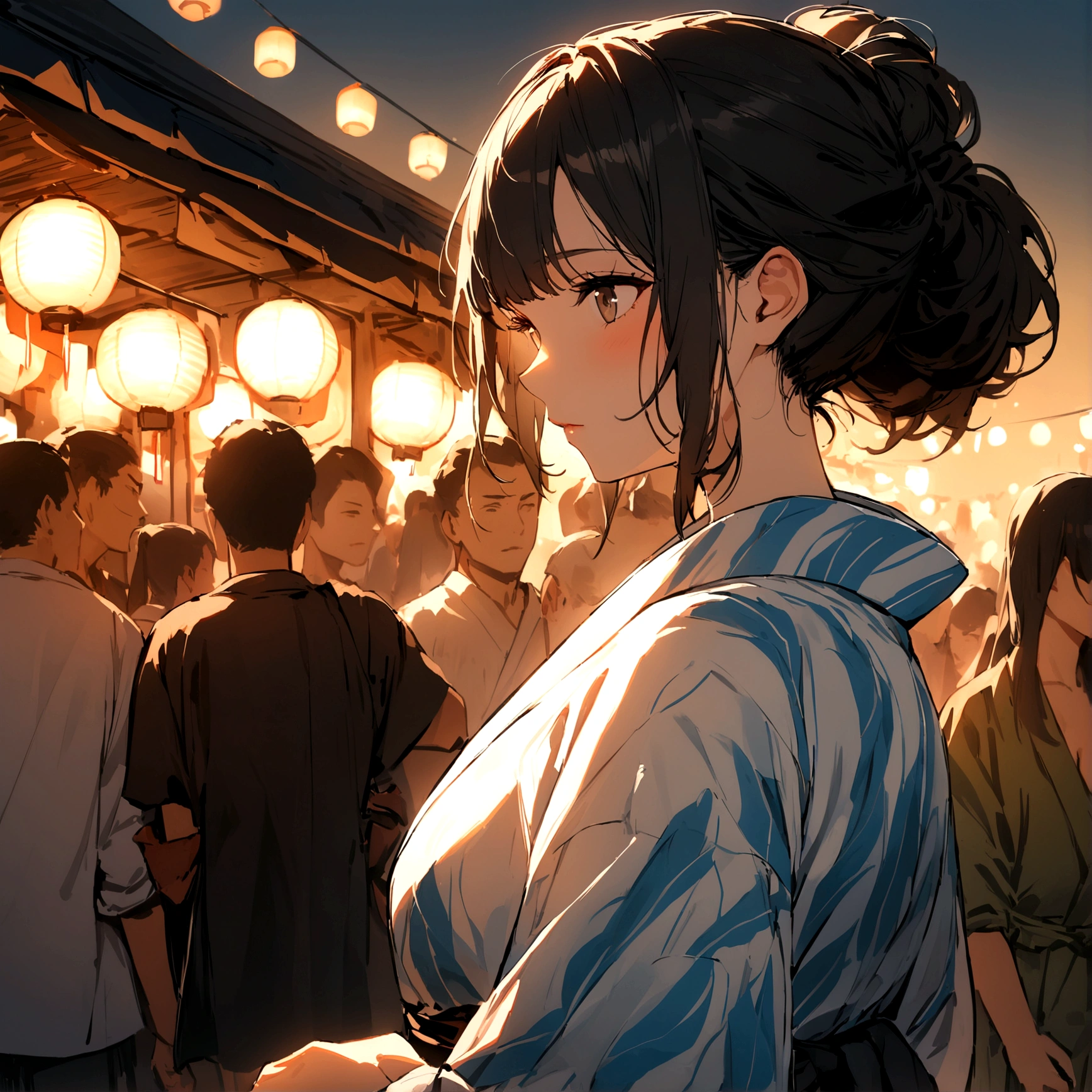 (masterpiece: 1.2, Highest quality), (1. Female, alone, Upper Body: 1.2), hair: Medium Black hair, clothing: yukata, Going to the summer festival