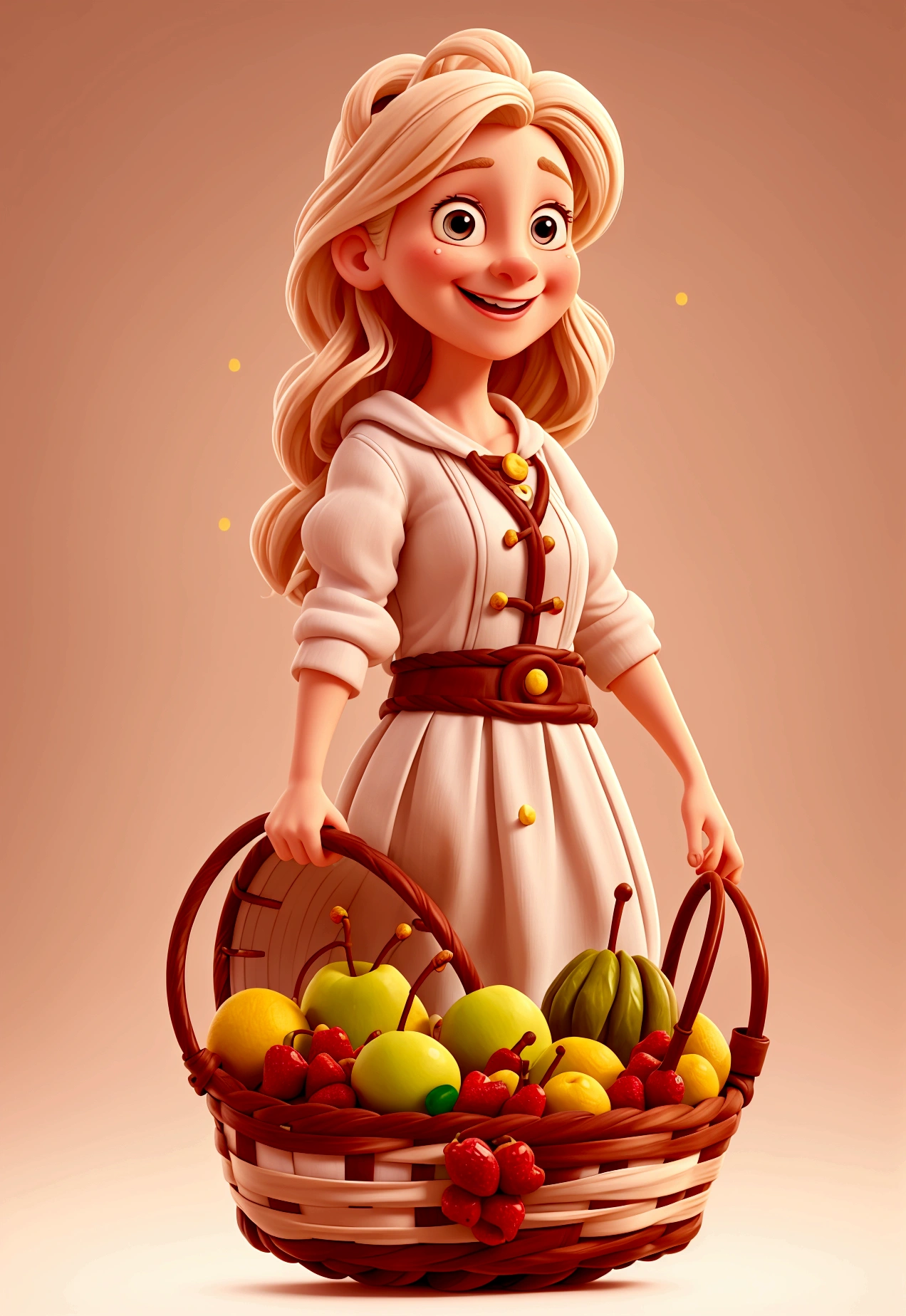 Cartoon character of a happy white woman, Holding a basket of fruit, com avental