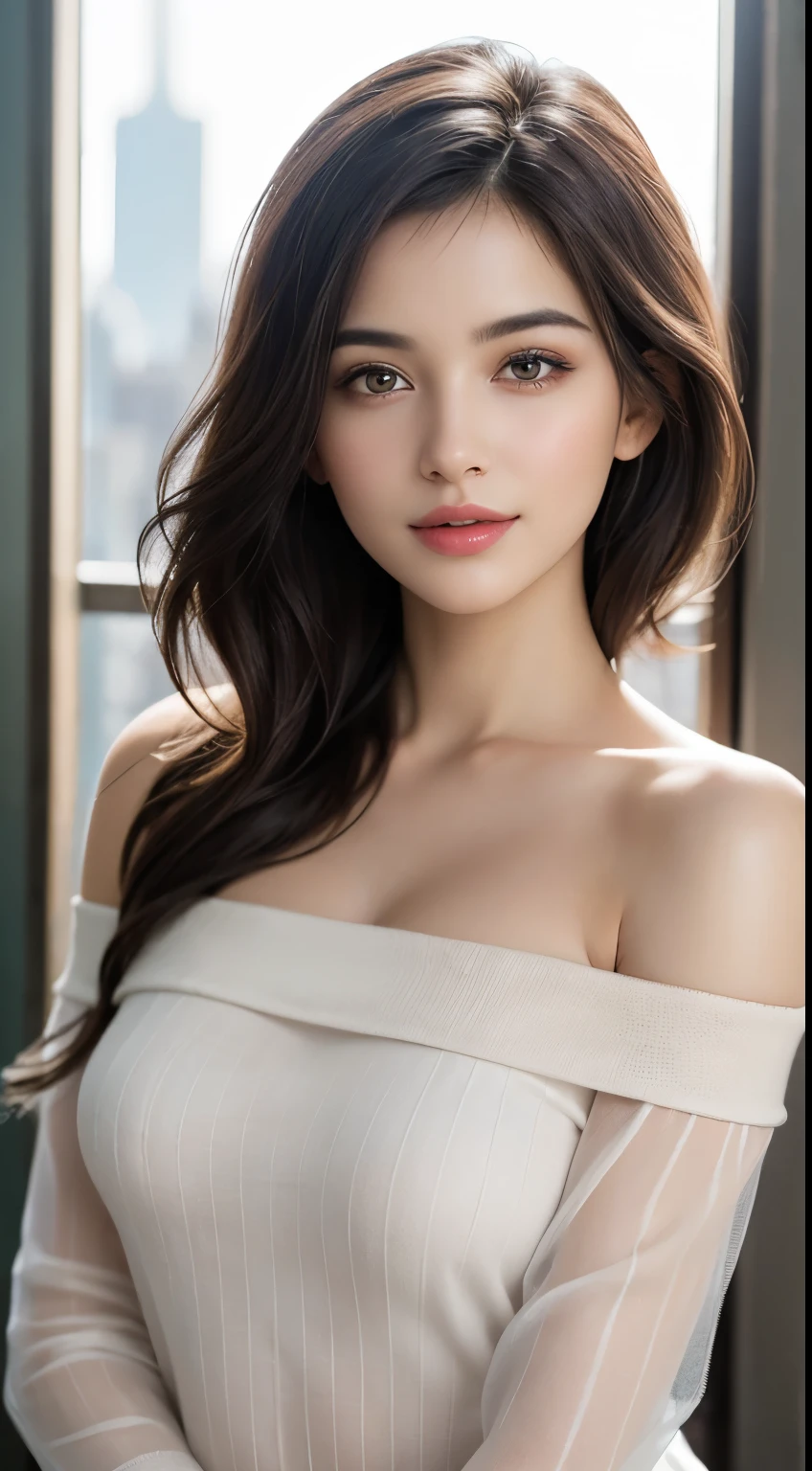 1 Woman, (Ultra Realistic, High Resolution), (Very Detailed Eyes, Very Detailed Hair, Very Detailed Face, Very Detailed Plump Lips), (Off-the-shoulder Sheer Top with Open Chest), Bust, Adorable Smile, Golden Hair, (Top Quality: 1.4), Raw Photo, (Realistic, Photoshopped: 1.37), Professional photo, (Realistic, Photoshopped: 1.37), Professional, (Realistic, Photoshopped: 1.37), Professional photo, (Realistic, Photoshopped: 1.37), Cinematic light, (Fine features: 1.2), Beautiful city view of Detroit, USA