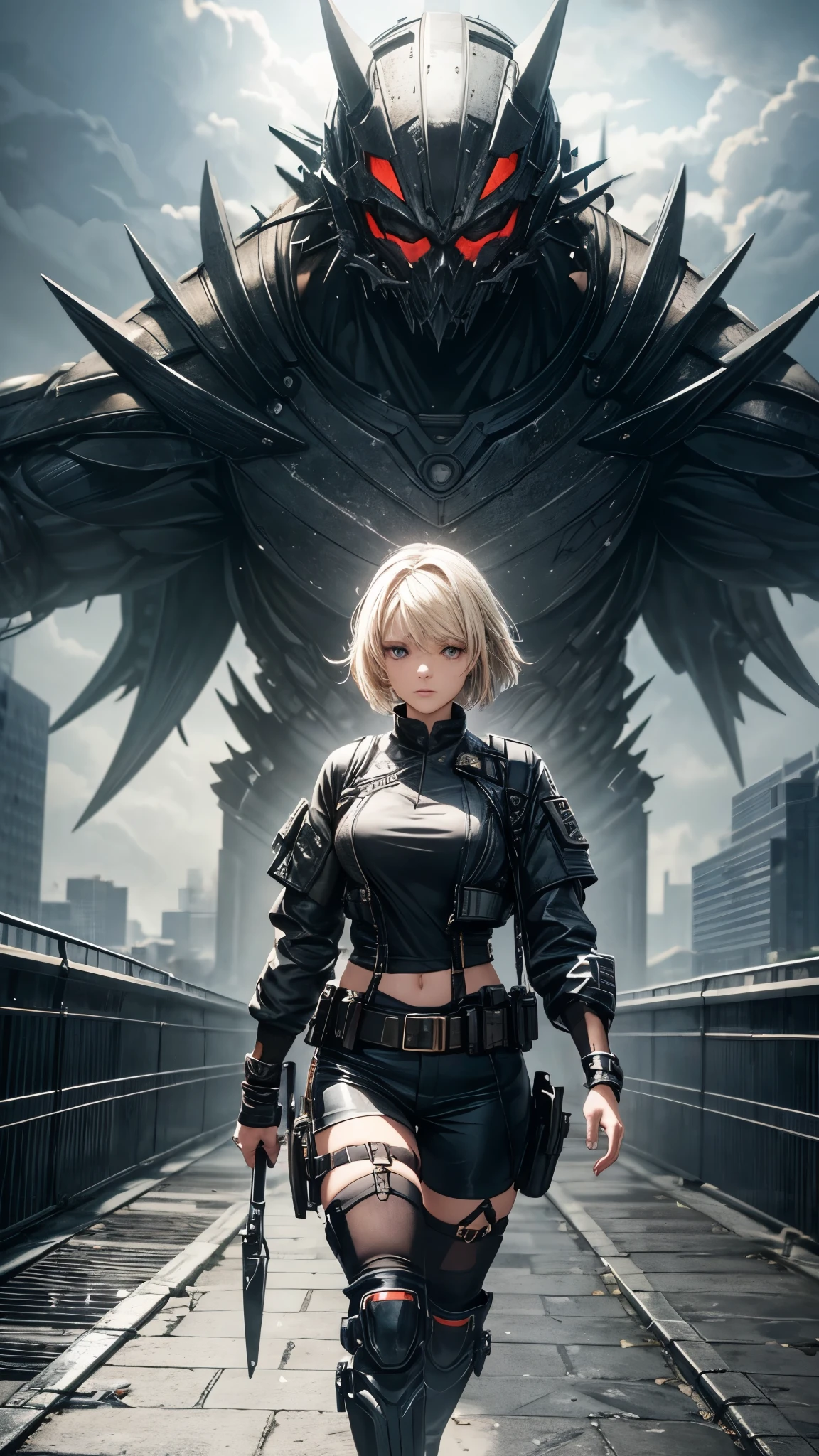 a_huge_walled_city,cloudy_atmosphere,terrifying_monsters,dark_fantasy,cinematic_lighting,moody_colors,dramatic_composition,intricate_details,highly_detailed,8k_resolution,photorealistic,hyper_realistic,masterpiece,One 20 years old woman ,short blonde hair,she’s walking the city,she’s wearing army’s style fashion.