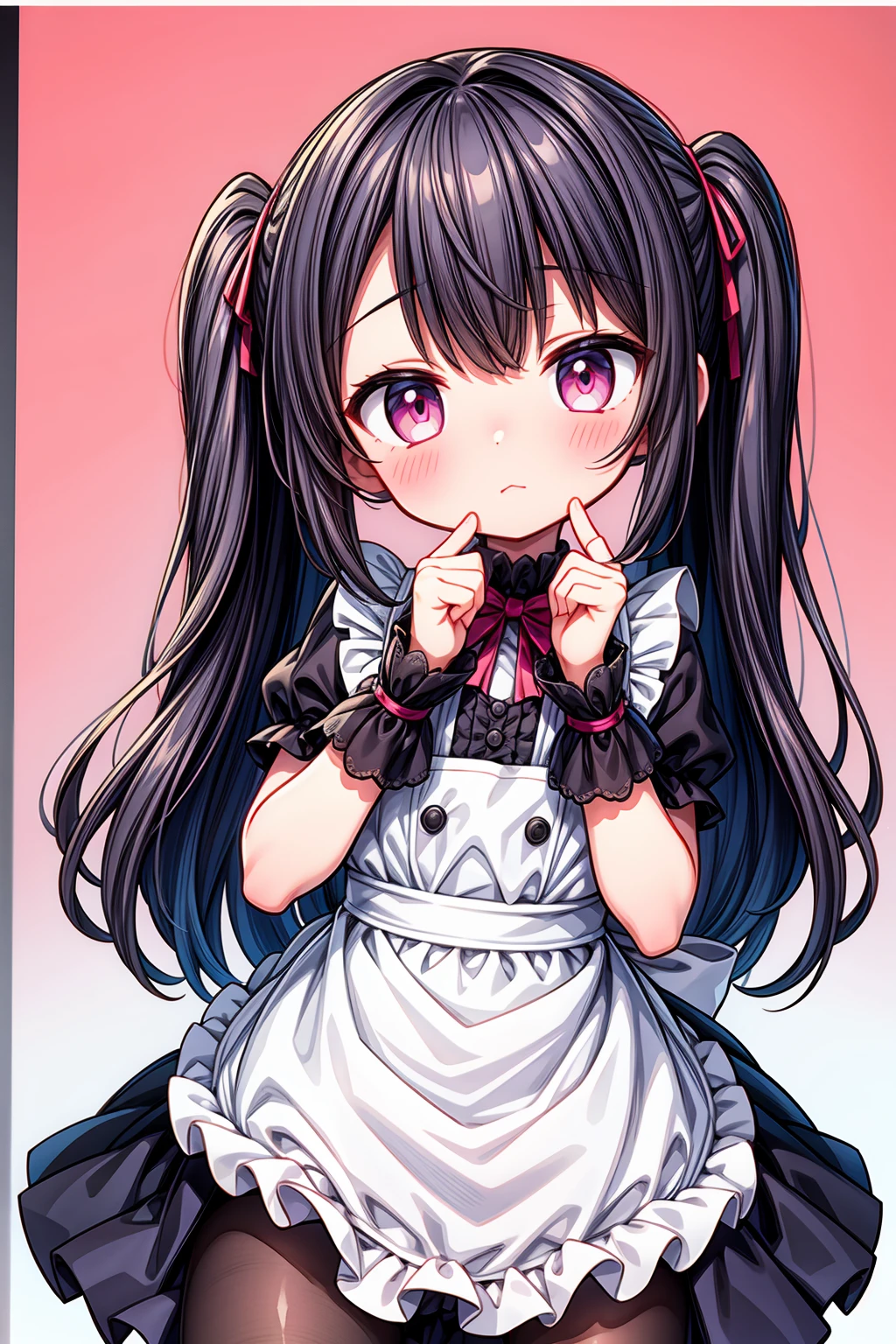 (8K, Highest image quality, highest quality, masterpiece), detailed face, ((li)), ((girl)), (little  curve), black hair, short twintails, pink eyes, ((very small bust)), (flat bust), (naked apron), cowboy shot, put your hand on your mouth, kitchen background, ((very blushing)), ((detailed hands and fingers)), viewer perspective from below, (blush)