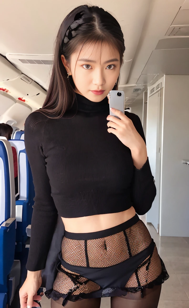 best quality, masterpiece, 8k, ultra high res,(((open legs))),micro bra, (((panty shot:1.5))),((pantyhose)),(((Tight mini skirt))),(Cleavage),(photorealistic:1.4), highly detailed, intricate detail, delicate and beautiful, good lighting, professional lighting, sharp focus, detailed shadows, exquisite details and textures, depth of field, unity 8k wallpaper, cinematic composition, cinematic lighting, official art, Cabin Crew, flight attendant, black pantyhose, (aircraft), (Aircraft Corridor),( Aircraft seats) beautiful elegant face, detailed face, detailed eyes, realistic hair, long hair, (1girl),