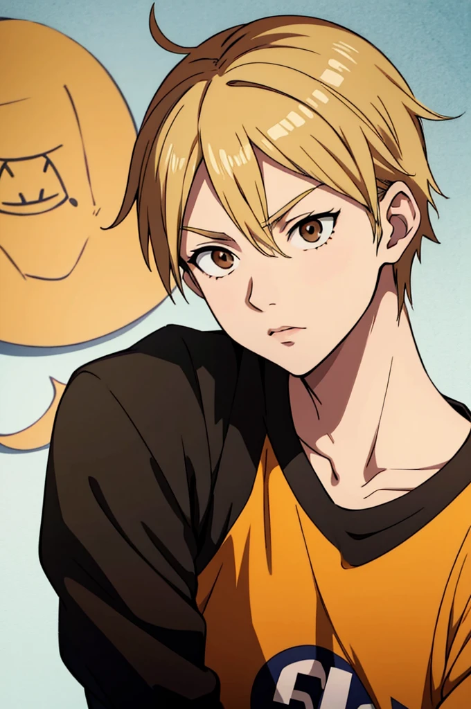 haikyuu anime style, blonde with brown eyes, shirt with number 1