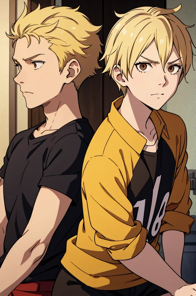 haikyuu anime style, blonde with brown eyes, shirt with number 1