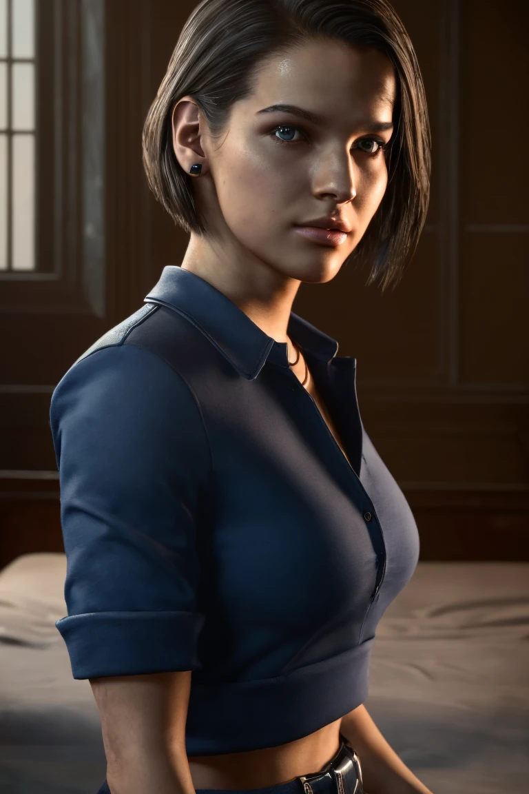 a masterpiece portrait of jill valentine from re3 remake, beautiful detailed blue eyes, detailed brown hair in long bob hairstyle, oval face, woman sitting on a bed looking out the window of a city, dirt stains, (best quality,4k,8k,highres,masterpiece:1.2),ultra-detailed,(realistic,photorealistic,photo-realistic:1.37),HDR,UHD,studio lighting,ultra-fine painting,sharp focus,physically-based rendering,extreme detail description,professional,vivid colors,bokeh, bangs straight behind the ear:1.1, frontal pose