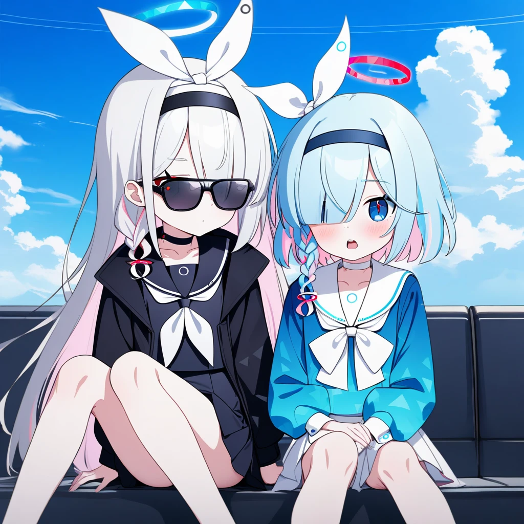 2girls, blue archive, arona \(blue archive\), plana \(blue archive\), black choker, black coat, black eyes, black hairband, black pantyhose, black sailor collar, black serafuku, black shirt, black skirt, blue eyes, blue hair, blue halo, blue pupils, blue shirt, blue sky, blush, bow hairband, braid, breasts, buttoned cuffs, buttons, choker, closed mouth, cloud, coat, colored inner hair, day, film grain, hair over one eye, hair ribbon, hairband, halo, light blue hair, long hair, long sleeves, looking at viewer, miniskirt, multicolored hair, multiple girls, neckerchief, open mouth, outdoors, pantyhose, pink hair, pleated skirt, puffy long sleeves, puffy sleeves, red halo, red pupils, ribbon, sailor collar, sailor shirt, serafuku, shirt, short hair, side braid, single braid, sitting, skirt, sky, small breasts, sunglasses:2, teeth, thighs, two-tone hair, upper teeth only, white choker, white hair, white hairband, white neckerchief, white ribbon, white sailor collar, white skirt
