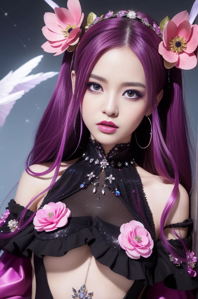 beautiful sexy woman who controls poison、lipgloss、intense makeup、look at the camera、full body Esbian、、sparkling poisoned flower costume、、、、sparkling Colorful hair、secrete poison、skull hair accessories, ultra detailed tights、shiny sparkling flowers background