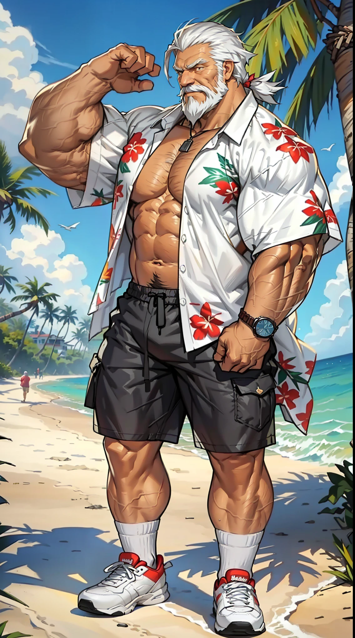 huge muscular old man in street city, old man, thick arm, huge arm, bearded. white hair and beard, bearded, muscular, pectoral, wide pectoral, beach, palm, realistic, 8k, masterpiece, (wearing shorts and white Hawaiian shirt, shoes)