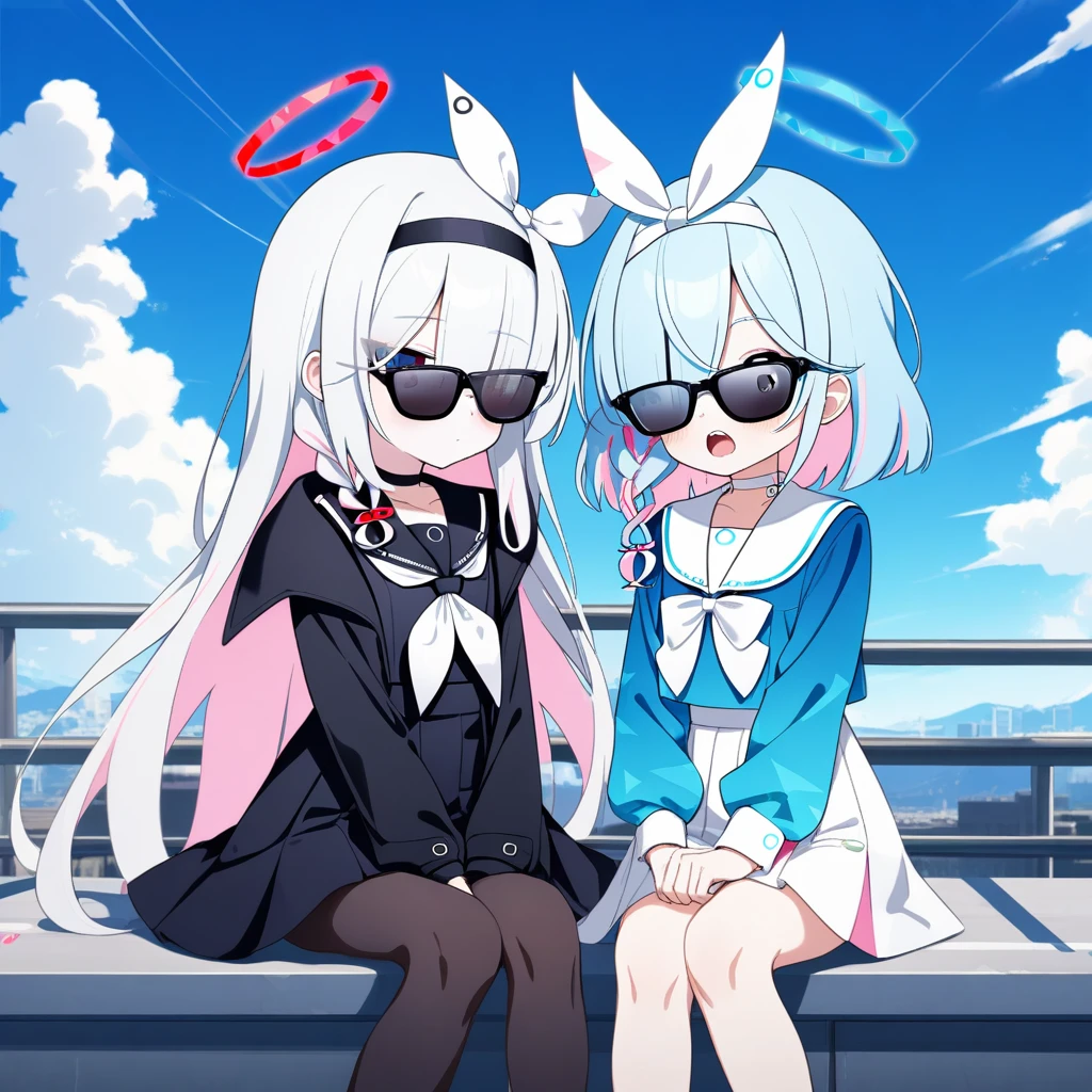 2girls, blue archive, arona \(blue archive\), plana \(blue archive\), black choker, black coat, black eyes, black hairband, black pantyhose, black sailor collar, black serafuku, black shirt, black skirt, blue eyes, blue hair, blue halo, blue pupils, blue shirt, blue sky, blush, bow hairband, braid, breasts, buttoned cuffs, buttons, choker, closed mouth, cloud, coat, colored inner hair, day, film grain, hair over one eye, hair ribbon, hairband, halo, light blue hair, long hair, long sleeves, looking at viewer, miniskirt, multicolored hair, multiple girls, neckerchief, open mouth, outdoors, pantyhose, pink hair, pleated skirt, puffy long sleeves, puffy sleeves, red halo, red pupils, ribbon, sailor collar, sailor shirt, serafuku, shirt, short hair, side braid, single braid, sitting, skirt, sky, small breasts, ((sunglasses)), teeth, thighs, two-tone hair, upper teeth only, white choker, white hair, white hairband, white neckerchief, white ribbon, white sailor collar, white skirt
