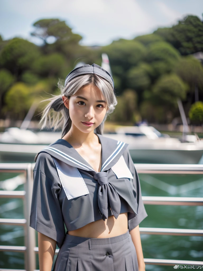 8K, RAW Photos, Fujifilm, Beautiful 20 year old woman style photo, (((Gray Hair:1.3,美しいGray Hairのストレートヘアー、シルキーなGray Hair)))、(((Wearing a sailor suit:1.5))) Gold earrings, (Highly detailed skin: 1.2), Light medium brown hair, Film Grain, 35mm, Cute Style、(((Standing 1.5)))、Selfie