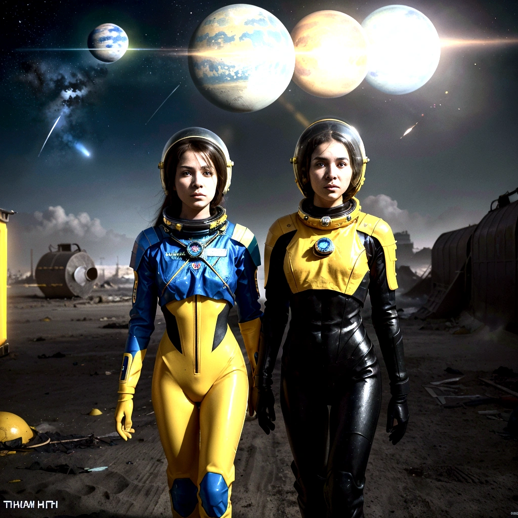 A captivating post-apocalyptic artwork by André Uhlisch featuring humans in otherworldly cosmonaut helmets and bright yellow rubber suits. They gracefully float, surrounded by an array of vibrant planets and celestial bodies, each with unique colors and textures. The scene is imbued with a sense of hope, as the women embody the delicate balance between life's fragility and the unwavering spirit of hope. A striking light source illuminates the artwork, casting dramatic shadows and highlighting the vivid colors. The background showcases the destruction, while the women's presence symbolizes the resilience of life in the face of adversity.