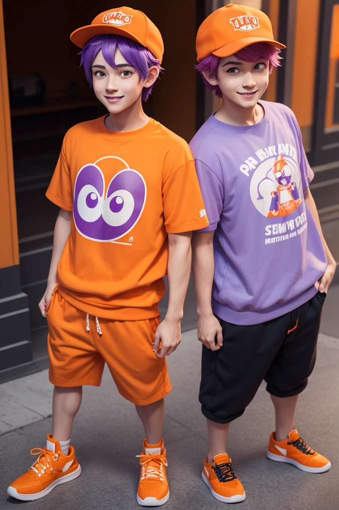 Fun boy character, with orange clothes purple hair and orange cap, disney pixar style, 3d