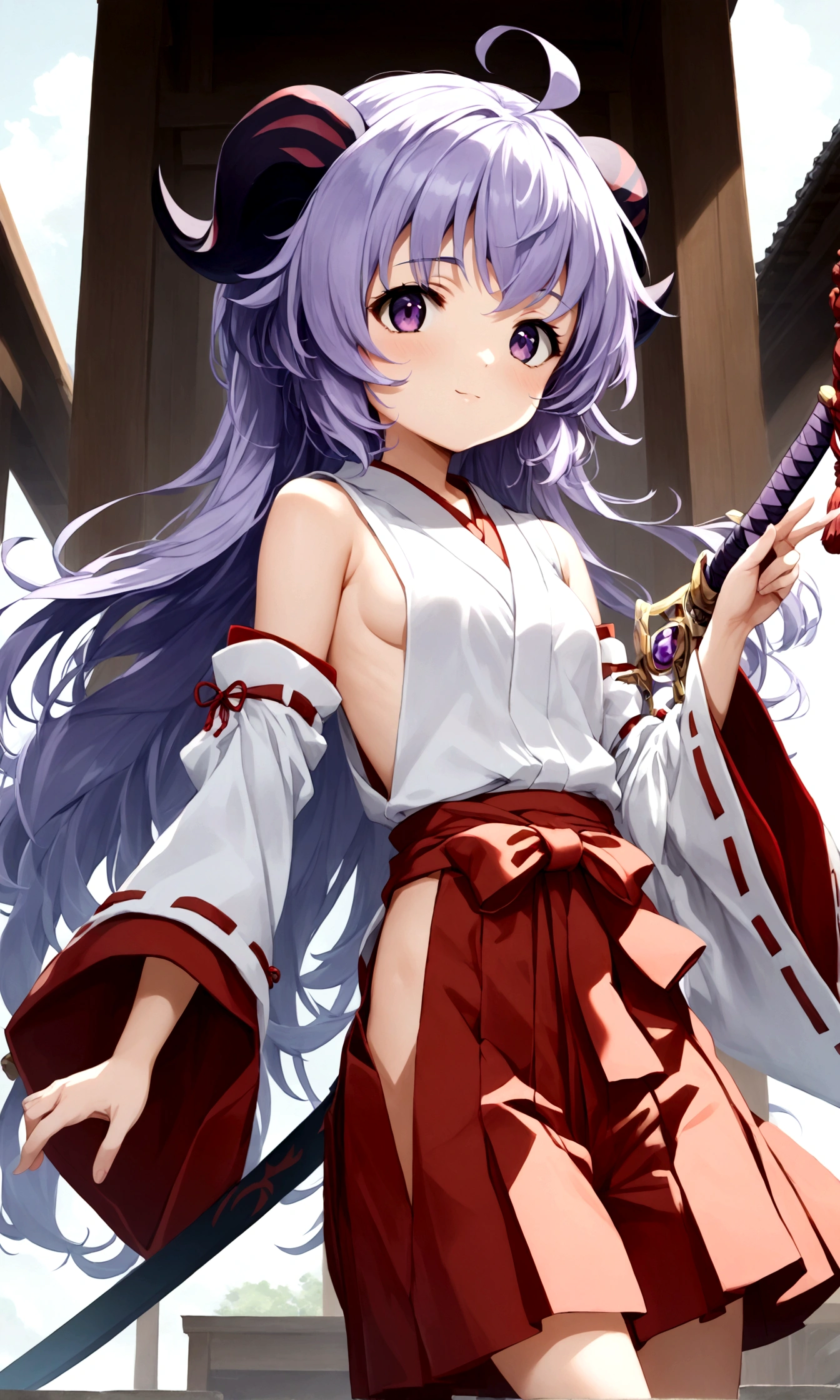 score_9, score_8_up, score_7_up, score_6_up, source_anime, anime screencap, anime coloring, 1girl, hanyuu, solo, (tween:1.2), kawaii, ((horns)), medium breasts, purple eyes, purple hair, long hair, simple background, white background, japanese clothes, miko, skirt, hakama, hakama skirt, red detached sleeves, red hakama, holding sword,rule of odds.aiming at viewer sword,