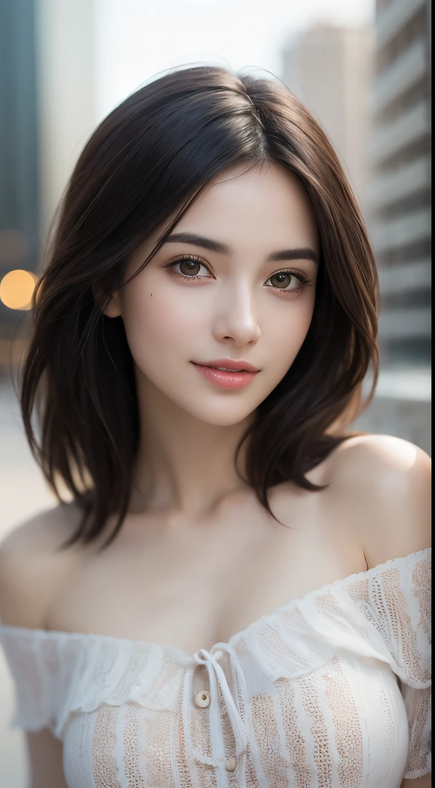 1 Woman, (Ultra Realistic, High Resolution), (Very Detailed Eyes, Very Detailed Hair, Very Detailed Face, Very Detailed Plump Lips), (Off-the-shoulder Sheer Top with Open Chest), Bust, Adorable Smile, Golden Hair, (Top Quality: 1.4), Raw Photo, (Realistic, Photoshopped: 1.37), Professional photo, (Realistic, Photoshopped: 1.37), Professional, (Realistic, Photoshopped: 1.37), Professional photo, (Realistic, Photoshopped: 1.37), Cinematic light, (Fine features: 1.2), Beautiful city view of Detroit, USA