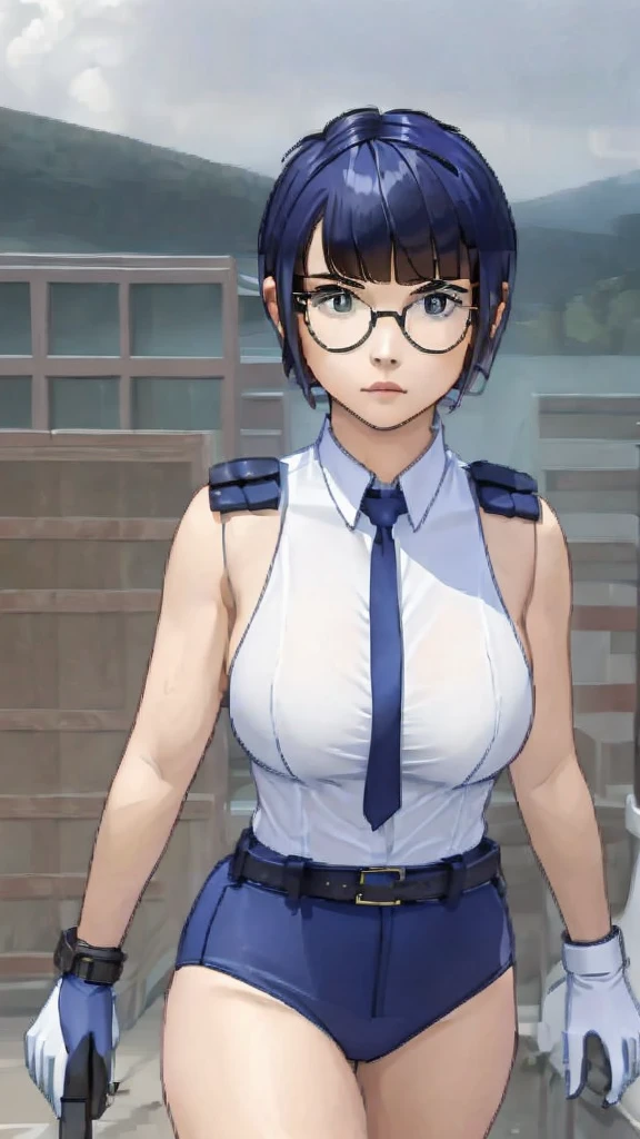 1girl, Best quality, Beautiful and sexy woman, (((((short hair, bangs))))) round glasses, (serious expression on her face) Big breasts, tomboy, police outfit, white gloves, sexy body, ("pose, facing the camera")