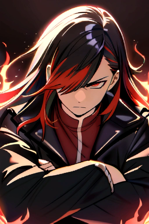 Teenage boy, serious face, tidy hair, long hair, hair with bangs covering the left eye, multicolored black and red hair, crossed arms, dark red shirt, baggy black red coat with details, fiery aura 